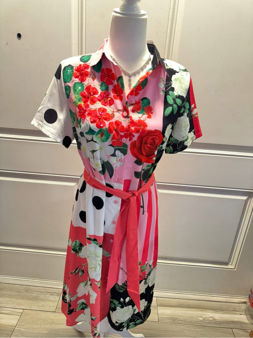 Floral Polka Dot Shirt Dress in Coral and Black size small